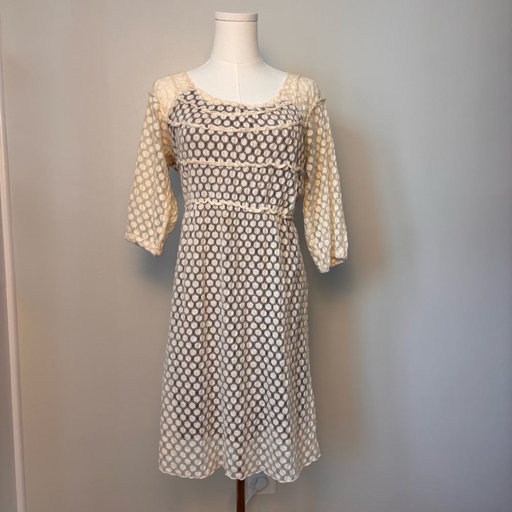 Umgee Cream Crochet Midi Dress 3/4 Sleeve Polka Dot Lace Overlay Lined Sz Medium